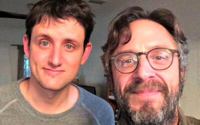 teeny-weeny picture of Zach Woods with Marc Maron, 2015 (source) oh